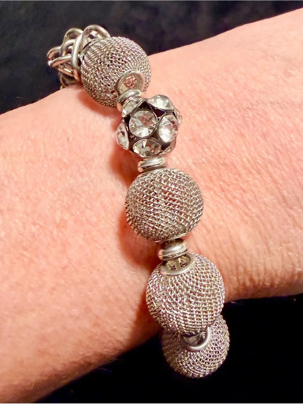 Artisan Style Silver Tone Mesh Bead Crystal Statement Bracelet